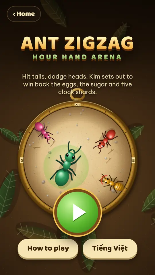 Ant Zigzag title screen: a green ant in the middle of a clock face, with pink, red and yellow ants around it and a Play button below