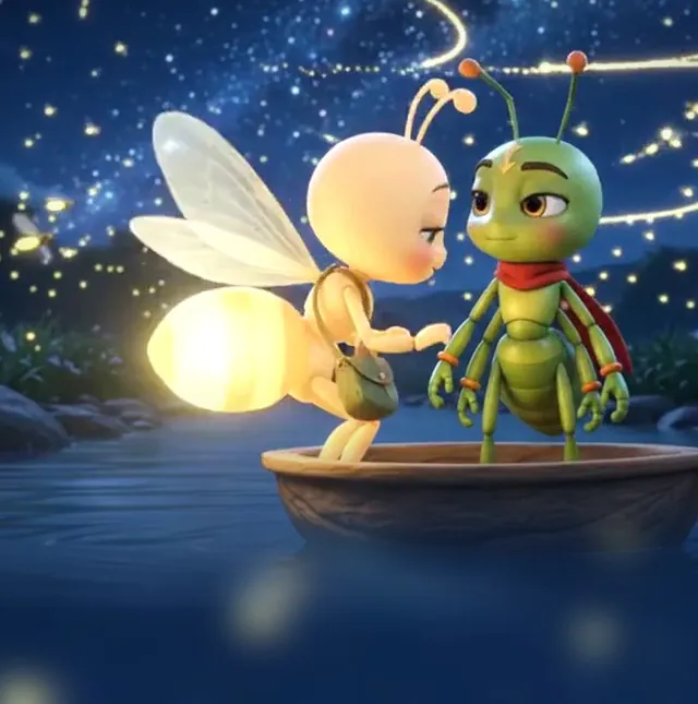 Kim the green ant in a red scarf and a glowing firefly on a small wooden boat, on a river at night