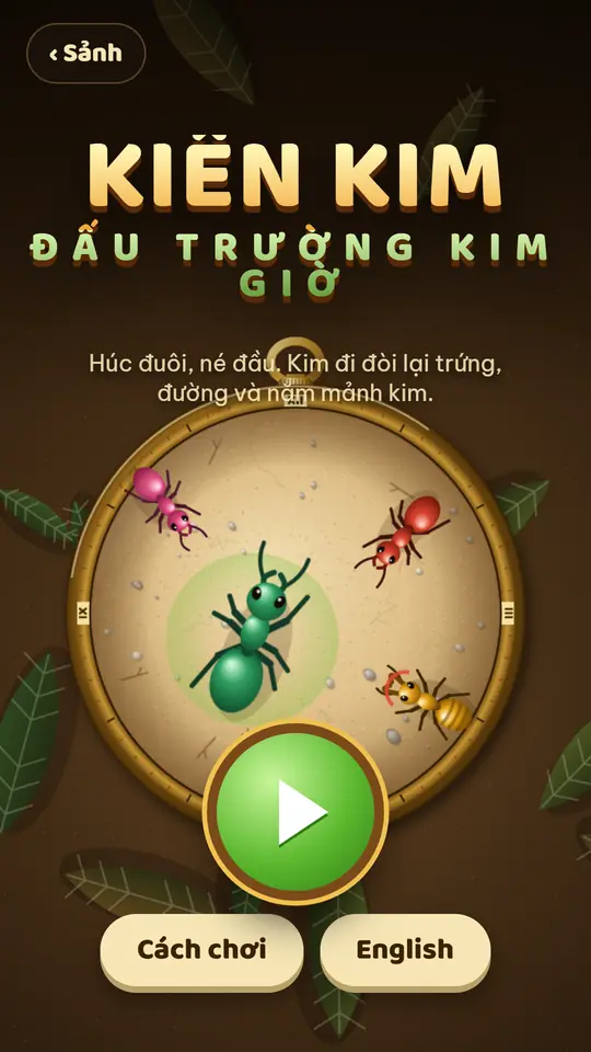 Màn hình mở đầu Kiến Kim: chú kiến xanh giữa mặt đồng hồ, xung quanh là kiến hồng, kiến đỏ và kiến vàng, bên dưới là nút Chơi